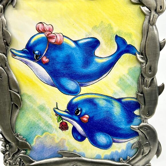 Vtg. Raj 2000 Picture Frame Metal Pewter Ocean Life~ Dolphins~Whales 8” - Picture 3 of 9